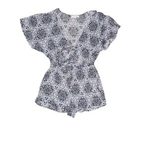 Honey Punch Women's Blue Floral tie front Geometric Print Romper S Summer Casual